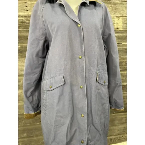 LL Bean Chore Duster Coat Womens Large Blue Canvas Barn Jacket Aztec Lined - Picture 12 of 14